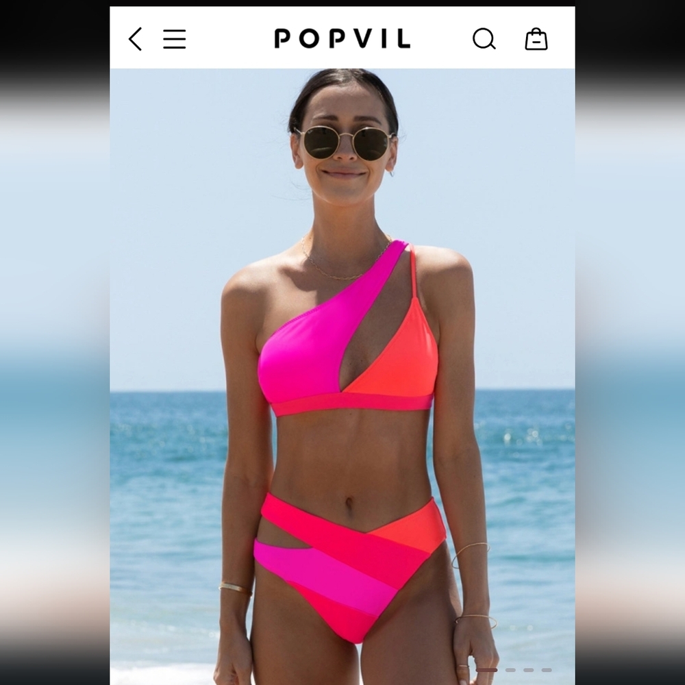 Vibrant Pink and Orange One-Shoulder Bikini Popvil New Large